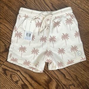 Rylee + Cru Cream Swim Trunks with Brown Palm Print